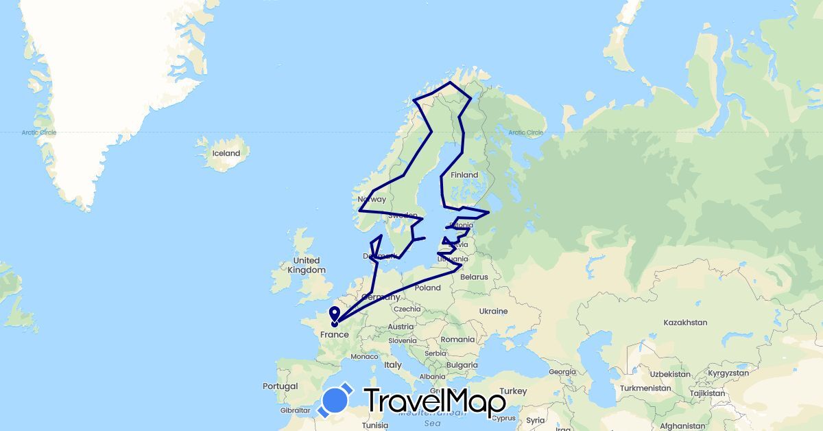 TravelMap itinerary: driving in Germany, Denmark, Estonia, Finland, France, Lithuania, Latvia, Norway, Russia, Sweden (Europe)