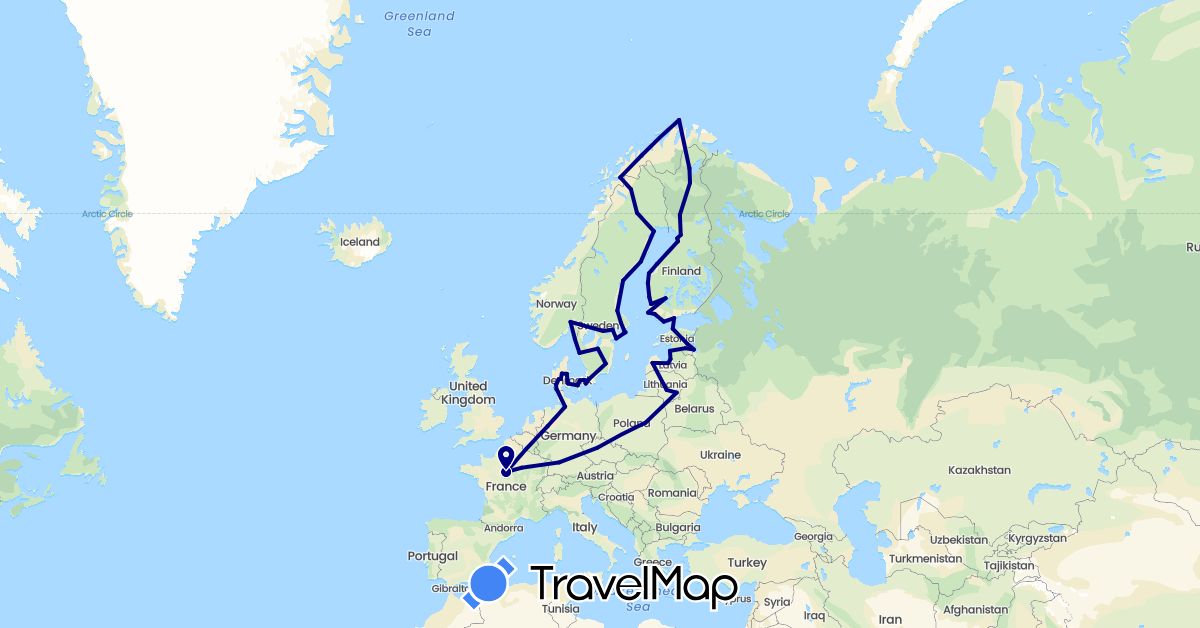 TravelMap itinerary: driving in Czech Republic, Germany, Denmark, Estonia, Finland, France, Lithuania, Latvia, Norway, Poland, Sweden (Europe)